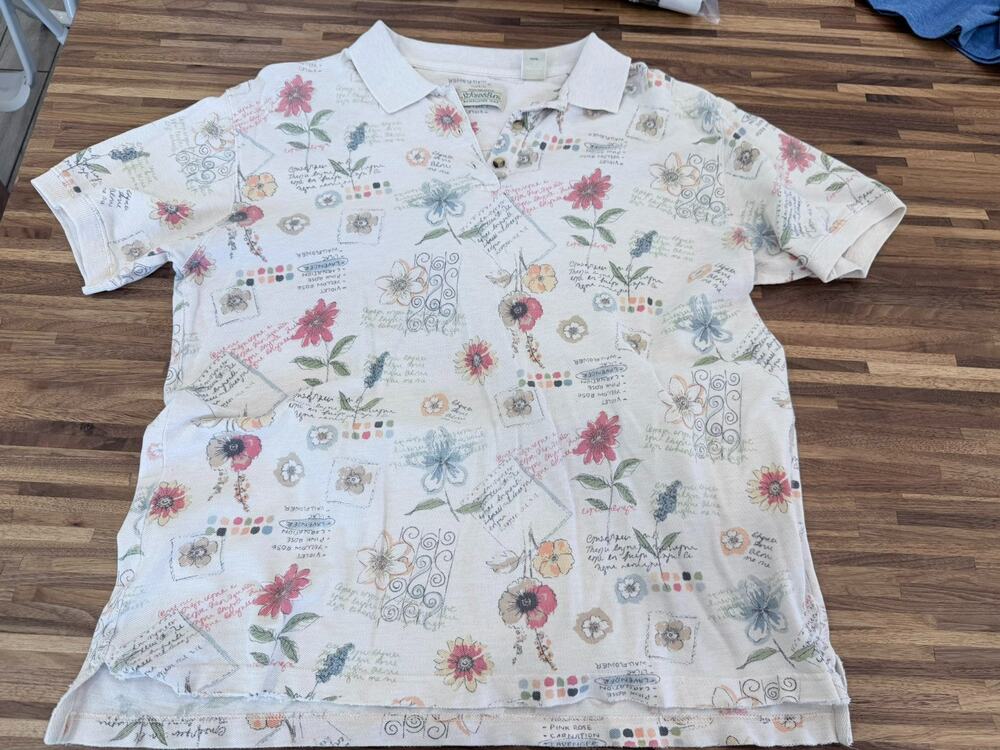 St Johns Bay Mens L Botanical Floral Polo Shirt Beige Short Sleeve Cottagecore